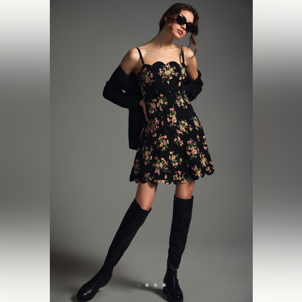 By Anthropologie Square Neck Scalloped Black Floral Dress Size L